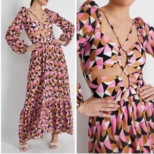 PatBO Plitka Cut Out Maxi Dress Pink Abstract Long Sleeve XS
